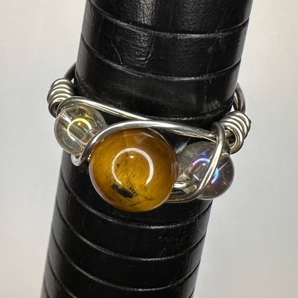 Tiger eye ring silver color glass beads handmade wire wrap - Picture 5 of 5